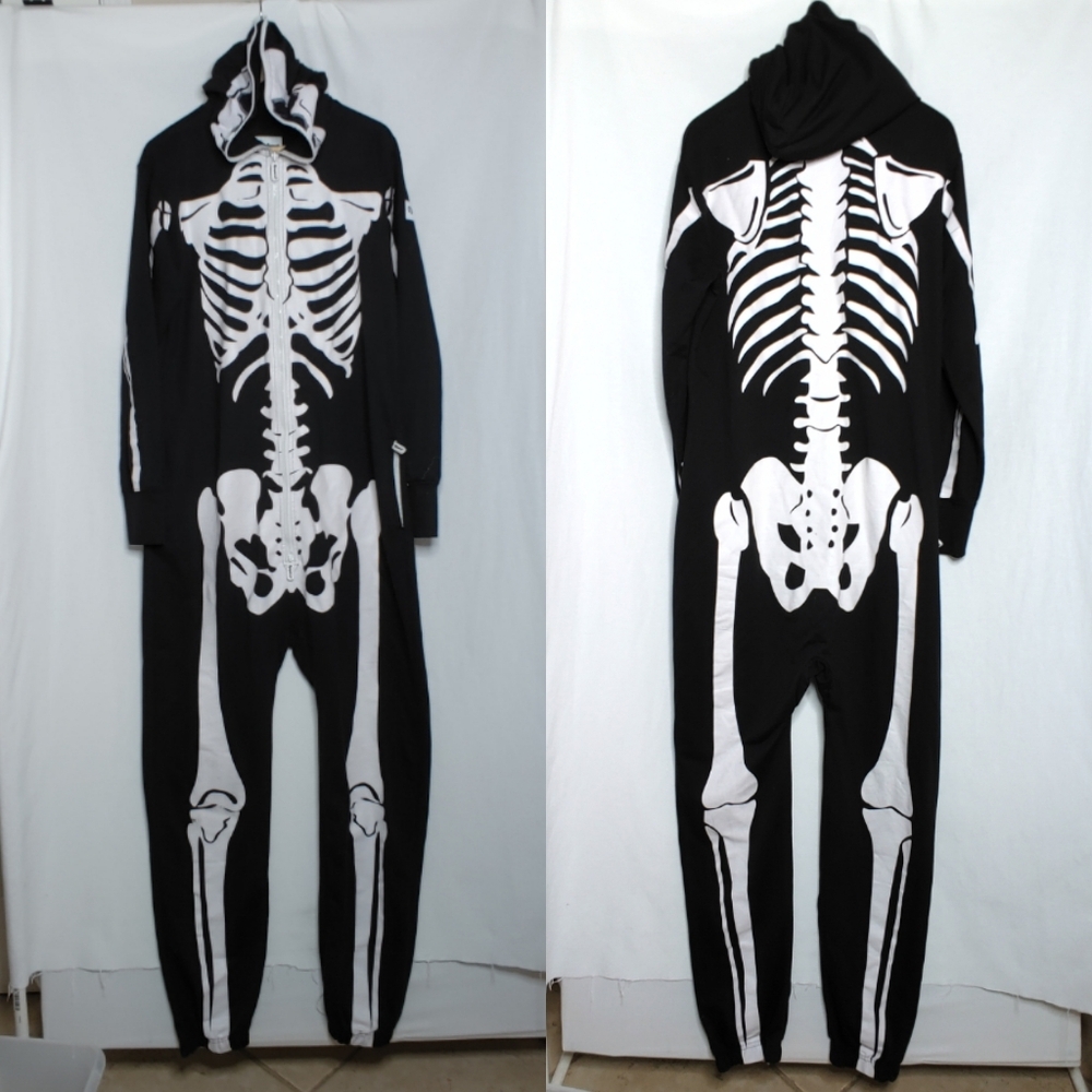 Tipsy Elves Skeleton Costume Jumpsuit Full Zip Black White Large L Unisex Pajama